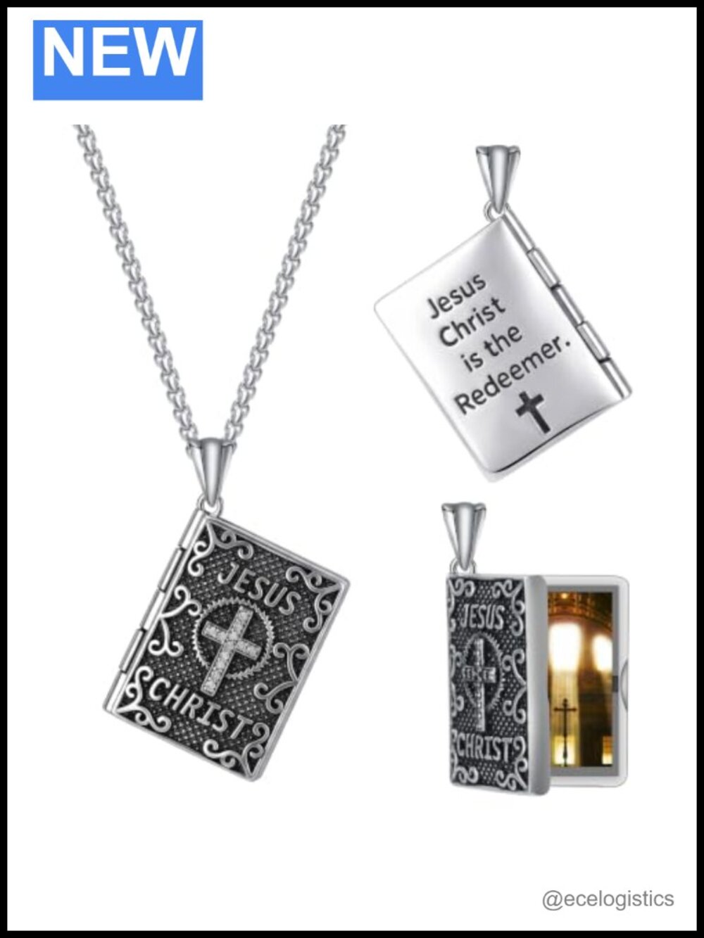 925 Sterling Silver Bible Locket Necklace with CZ